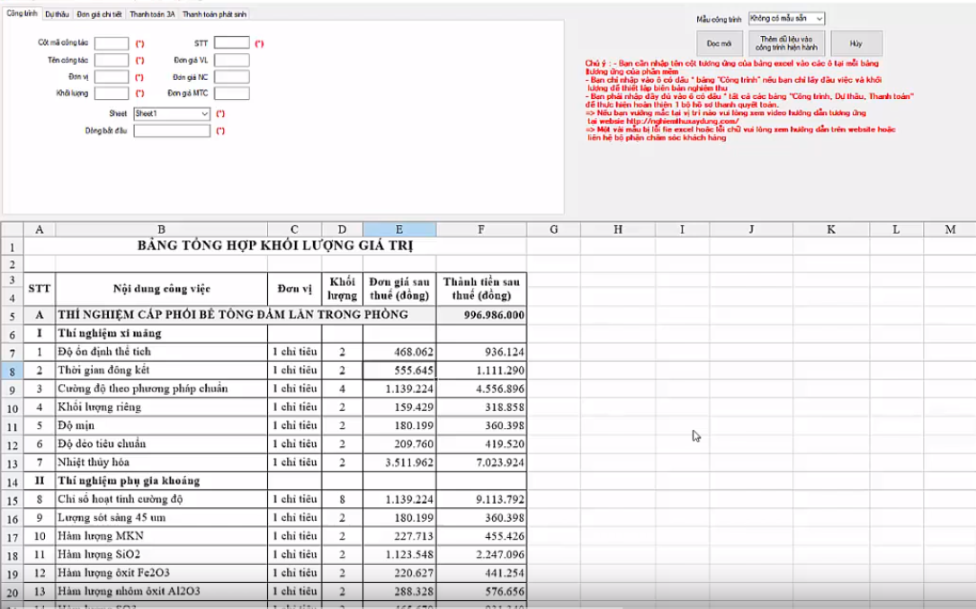 2. Hướng dẫn đọc file excel khi chỉ có 1 bảng thanh toán và không có mã hiệu công tác bằng ntxd360
